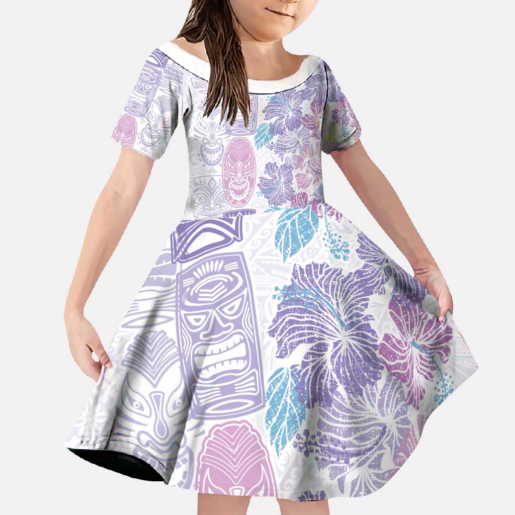 Christmas Aloha Hawaii Tiki Family Matching Off Shoulder Maxi Dress and Hawaiian Shirt Hibiscus Winter Colors LT7 Daughter's Dress Lavender - Polynesian Pride