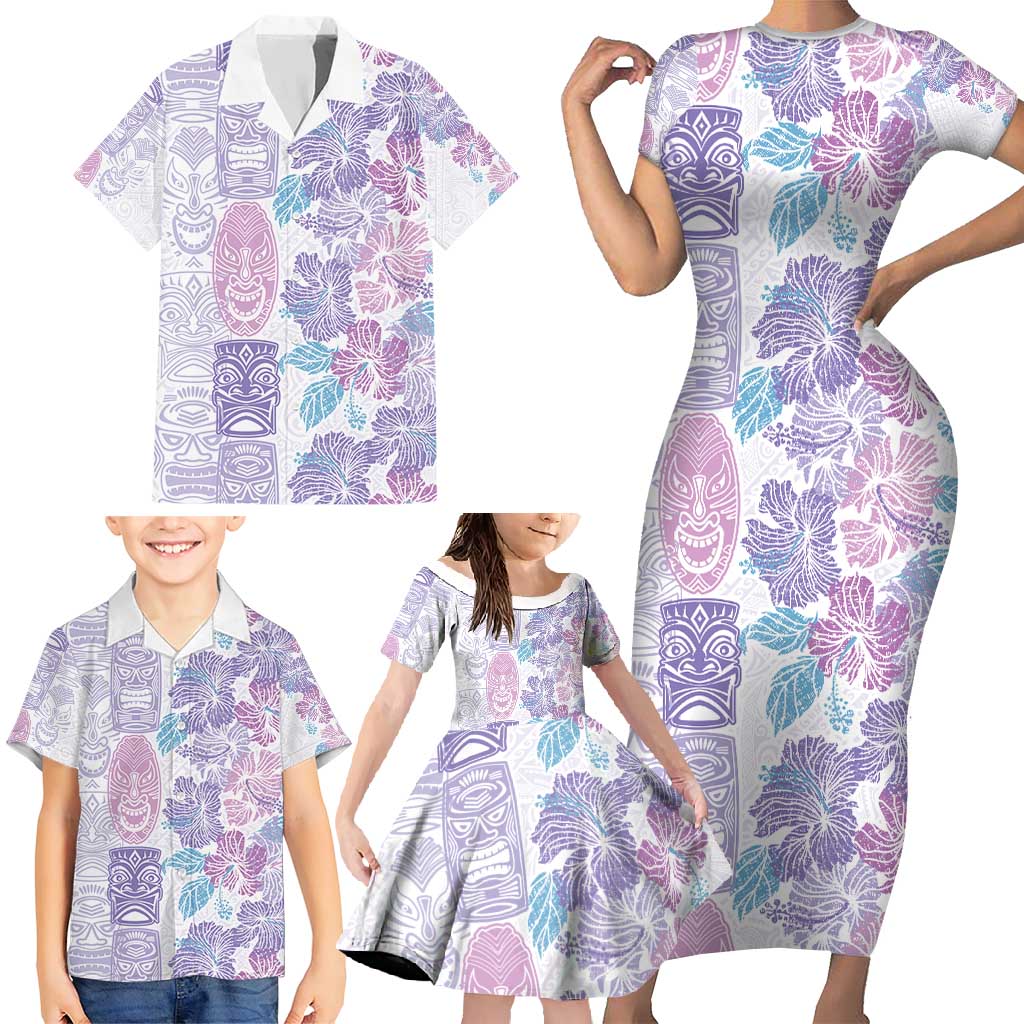 Christmas Aloha Hawaii Tiki Family Matching Short Sleeve Bodycon Dress and Hawaiian Shirt Hibiscus Winter Colors LT7 - Polynesian Pride