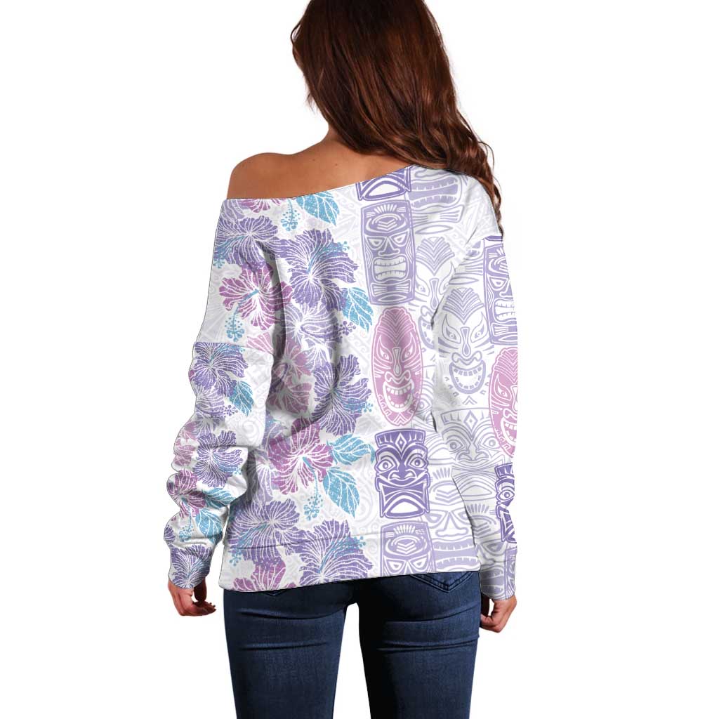 Christmas Aloha Hawaii Tiki Off Shoulder Sweater Hibiscus Winter Colors - Polynesian Pride