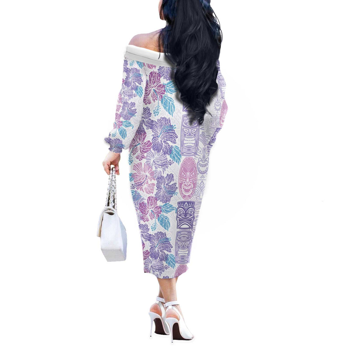Christmas Aloha Hawaii Tiki Off The Shoulder Long Sleeve Dress Hibiscus Winter Colors LT7 - Polynesian Pride