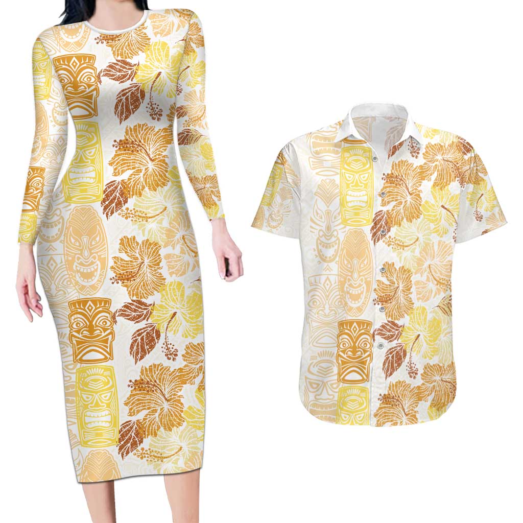 Christmas Aloha Hawaii Tiki Couples Matching Long Sleeve Bodycon Dress and Hawaiian Shirt Hibiscus Autumn Colors LT7 Yellow - Polynesian Pride