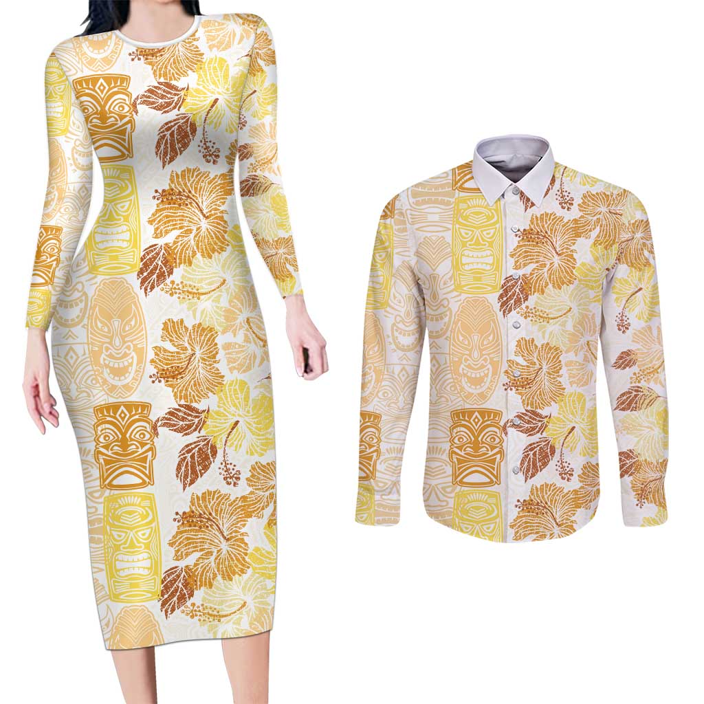 Christmas Aloha Hawaii Tiki Couples Matching Long Sleeve Bodycon Dress and Long Sleeve Button Shirt Hibiscus Autumn Colors LT7 Yellow - Polynesian Pride