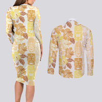 Christmas Aloha Hawaii Tiki Couples Matching Long Sleeve Bodycon Dress and Long Sleeve Button Shirt Hibiscus Autumn Colors LT7 - Polynesian Pride