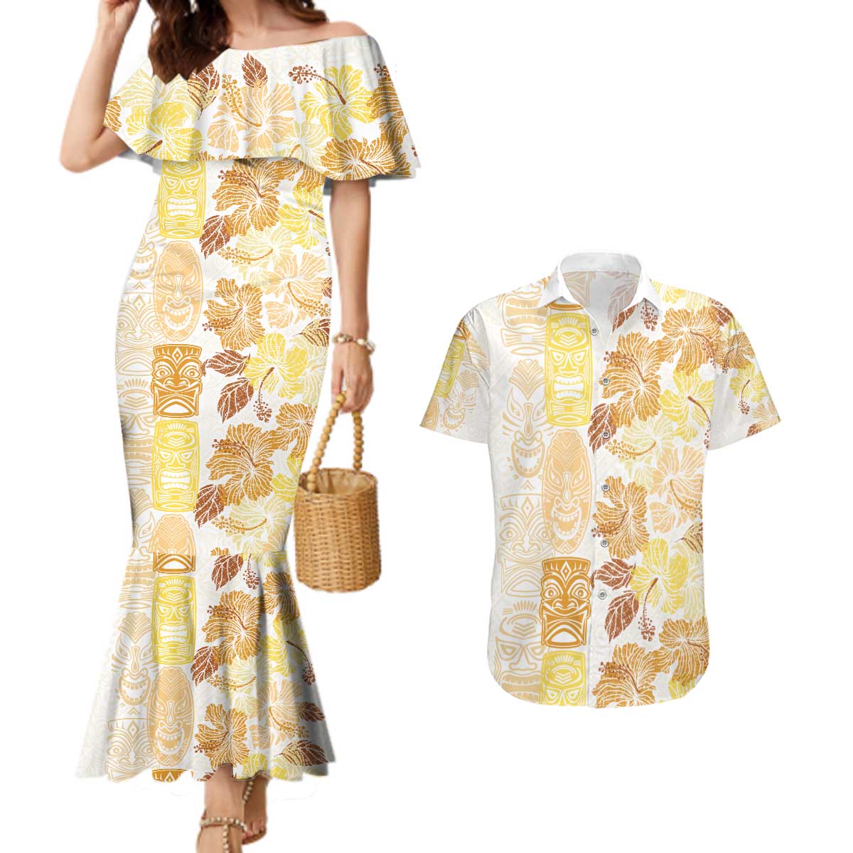 Christmas Aloha Hawaii Tiki Couples Matching Mermaid Dress and Hawaiian Shirt Hibiscus Autumn Colors LT7 Yellow - Polynesian Pride