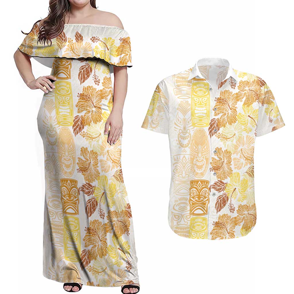 Christmas Aloha Hawaii Tiki Couples Matching Off Shoulder Maxi Dress and Hawaiian Shirt Hibiscus Autumn Colors LT7 Yellow - Polynesian Pride