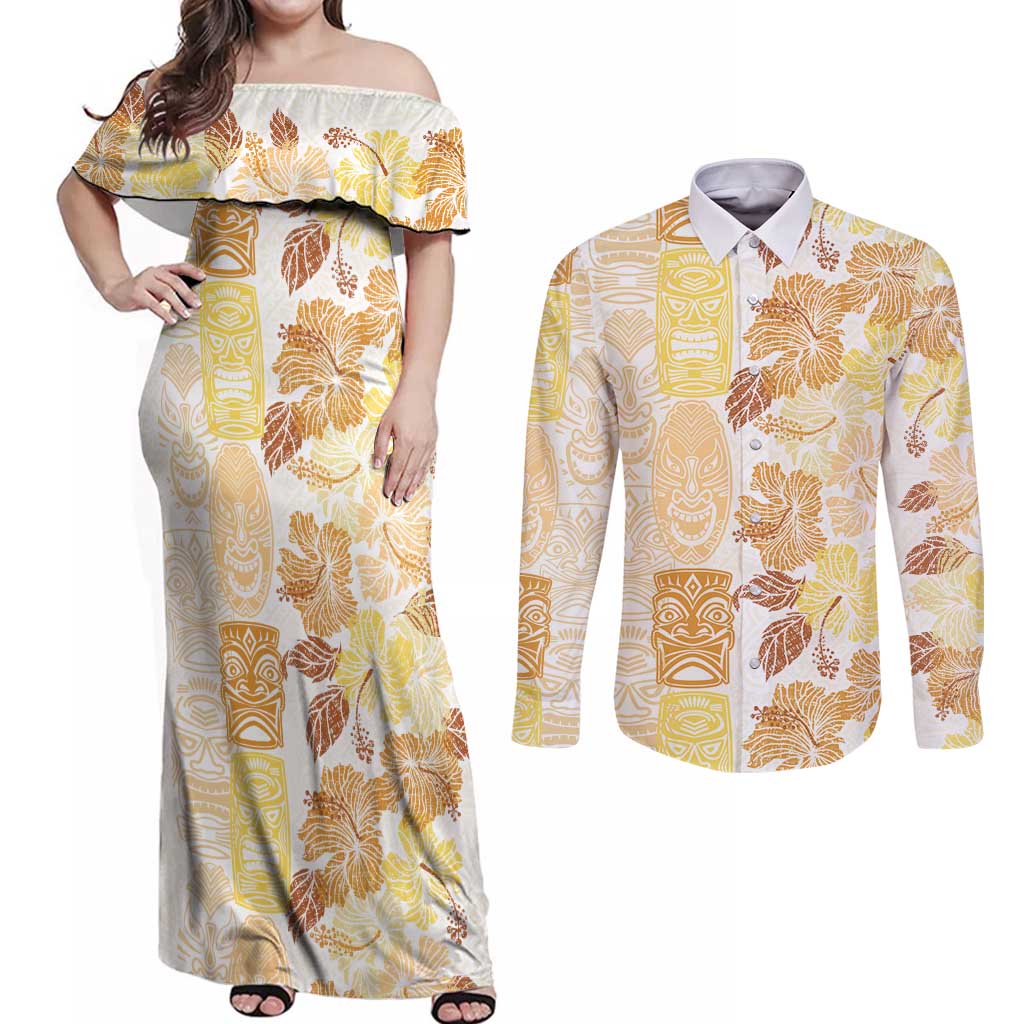 Christmas Aloha Hawaii Tiki Couples Matching Off Shoulder Maxi Dress and Long Sleeve Button Shirt Hibiscus Autumn Colors LT7 Yellow - Polynesian Pride