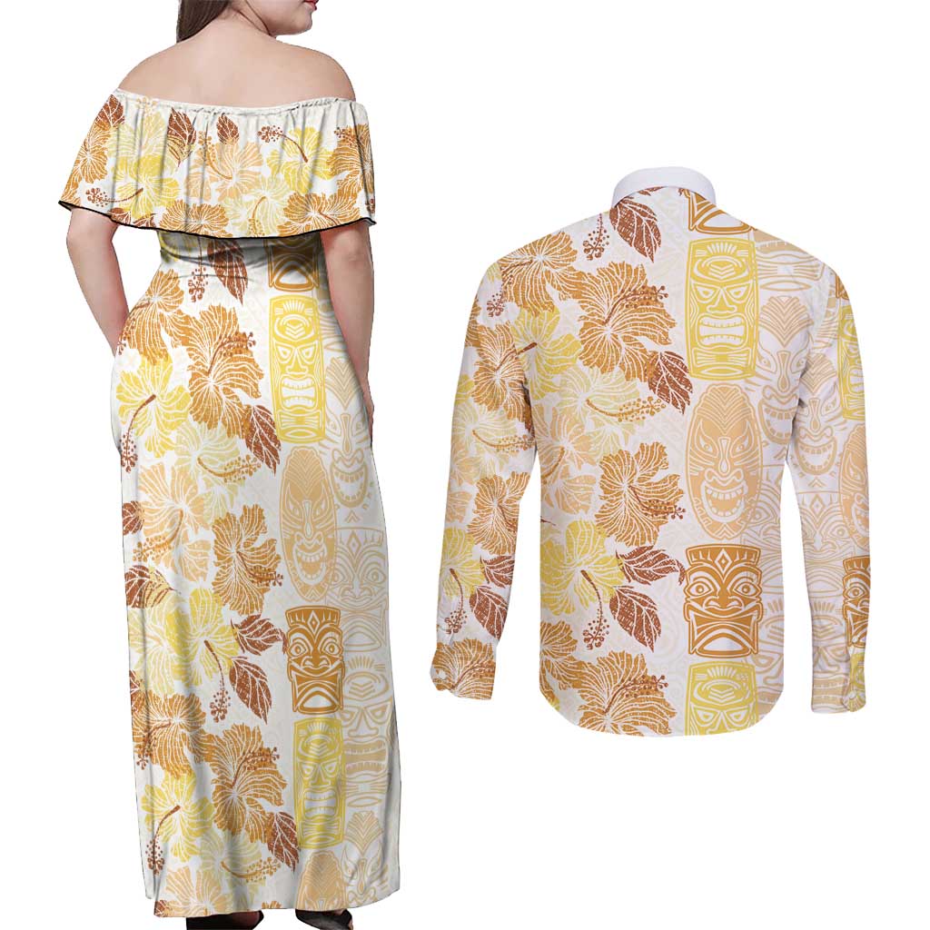 Christmas Aloha Hawaii Tiki Couples Matching Off Shoulder Maxi Dress and Long Sleeve Button Shirt Hibiscus Autumn Colors LT7 - Polynesian Pride