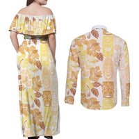 Christmas Aloha Hawaii Tiki Couples Matching Off Shoulder Maxi Dress and Long Sleeve Button Shirt Hibiscus Autumn Colors LT7 - Polynesian Pride