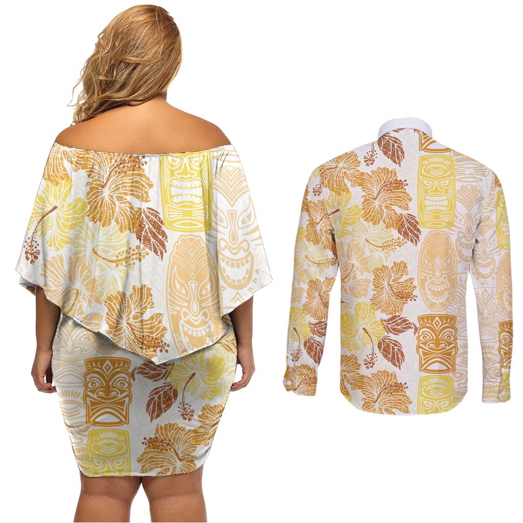 Christmas Aloha Hawaii Tiki Couples Matching Off Shoulder Short Dress and Long Sleeve Button Shirt Hibiscus Autumn Colors LT7 - Polynesian Pride