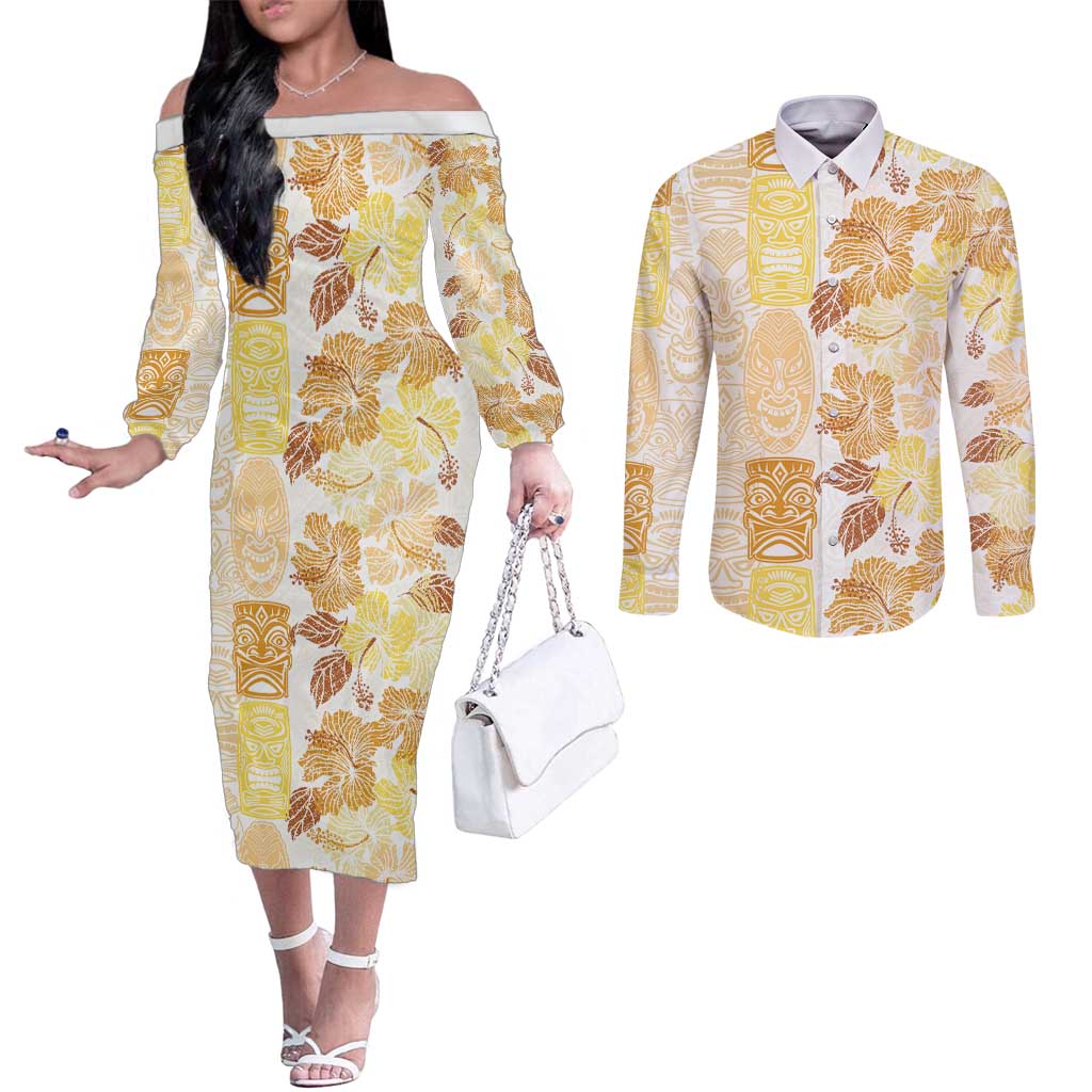 Christmas Aloha Hawaii Tiki Couples Matching Off The Shoulder Long Sleeve Dress and Long Sleeve Button Shirt Hibiscus Autumn Colors - Polynesian Pride