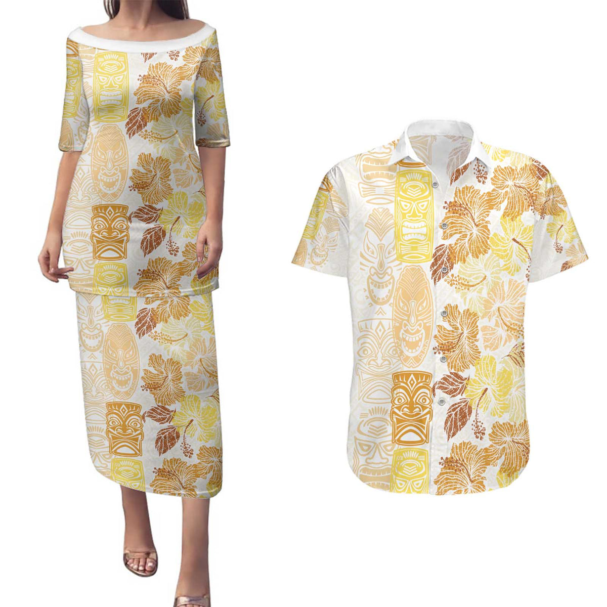 Christmas Aloha Hawaii Tiki Couples Matching Puletasi and Hawaiian Shirt Hibiscus Autumn Colors LT7 Yellow - Polynesian Pride