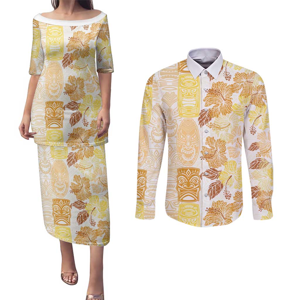 Christmas Aloha Hawaii Tiki Couples Matching Puletasi and Long Sleeve Button Shirt Hibiscus Autumn Colors LT7 Yellow - Polynesian Pride