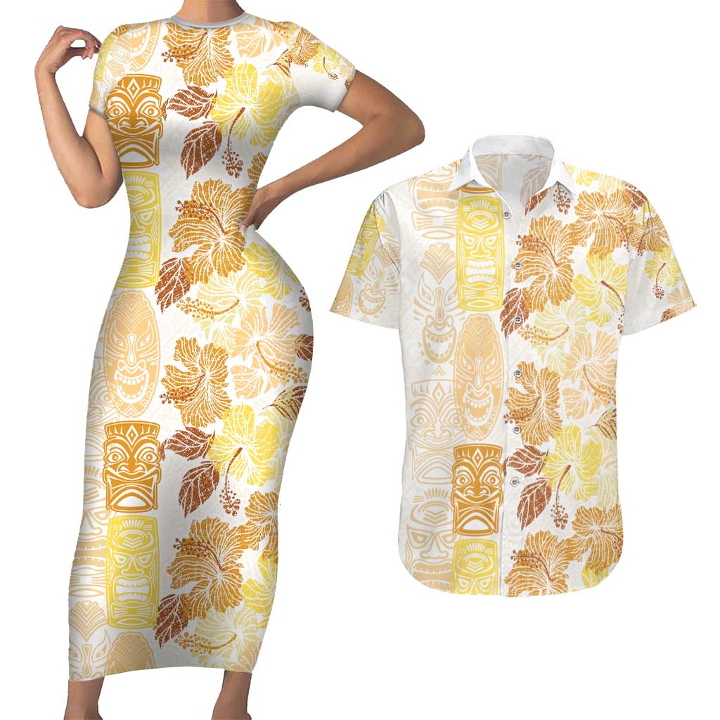 Christmas Aloha Hawaii Tiki Couples Matching Short Sleeve Bodycon Dress and Hawaiian Shirt Hibiscus Autumn Colors LT7 Yellow - Polynesian Pride