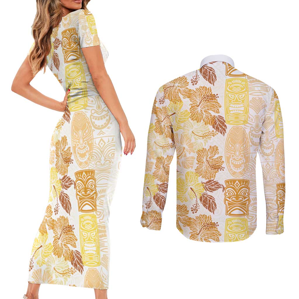 Christmas Aloha Hawaii Tiki Couples Matching Short Sleeve Bodycon Dress and Long Sleeve Button Shirt Hibiscus Autumn Colors LT7 - Polynesian Pride