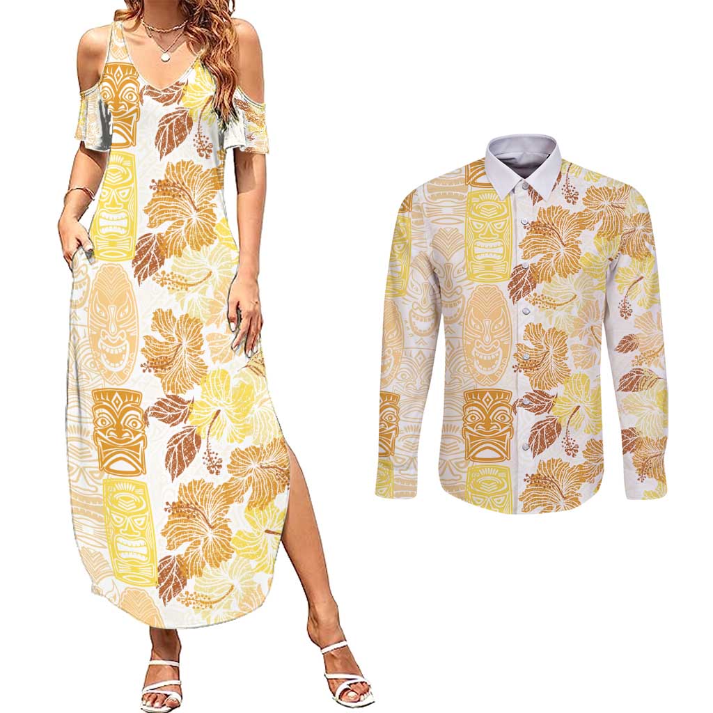 Christmas Aloha Hawaii Tiki Couples Matching Summer Maxi Dress and Long Sleeve Button Shirt Hibiscus Autumn Colors LT7 Yellow - Polynesian Pride