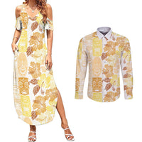 Christmas Aloha Hawaii Tiki Couples Matching Summer Maxi Dress and Long Sleeve Button Shirt Hibiscus Autumn Colors LT7 Yellow - Polynesian Pride