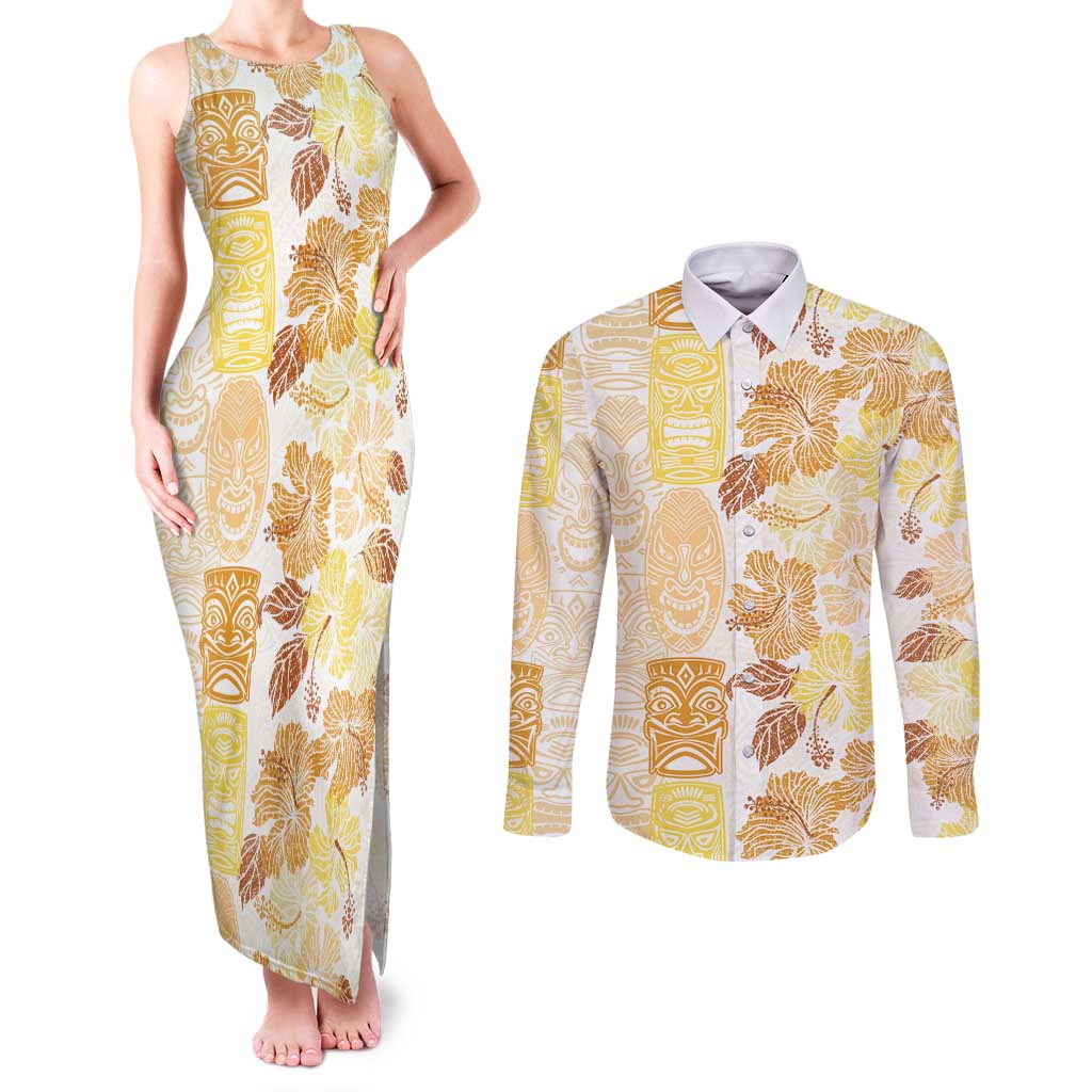 Christmas Aloha Hawaii Tiki Couples Matching Tank Maxi Dress and Long Sleeve Button Shirt Hibiscus Autumn Colors LT7 Yellow - Polynesian Pride