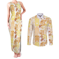 Christmas Aloha Hawaii Tiki Couples Matching Tank Maxi Dress and Long Sleeve Button Shirt Hibiscus Autumn Colors LT7 Yellow - Polynesian Pride