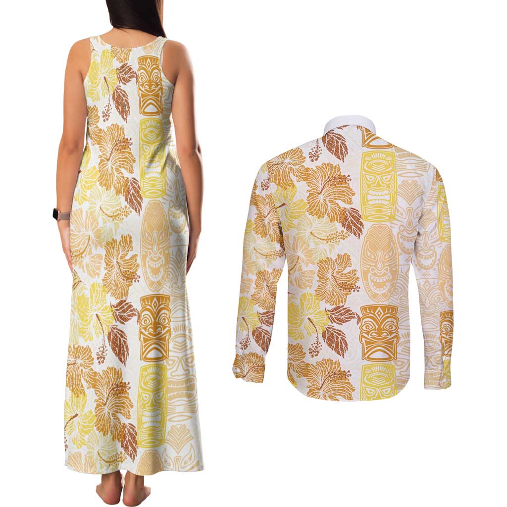 Christmas Aloha Hawaii Tiki Couples Matching Tank Maxi Dress and Long Sleeve Button Shirt Hibiscus Autumn Colors LT7 - Polynesian Pride