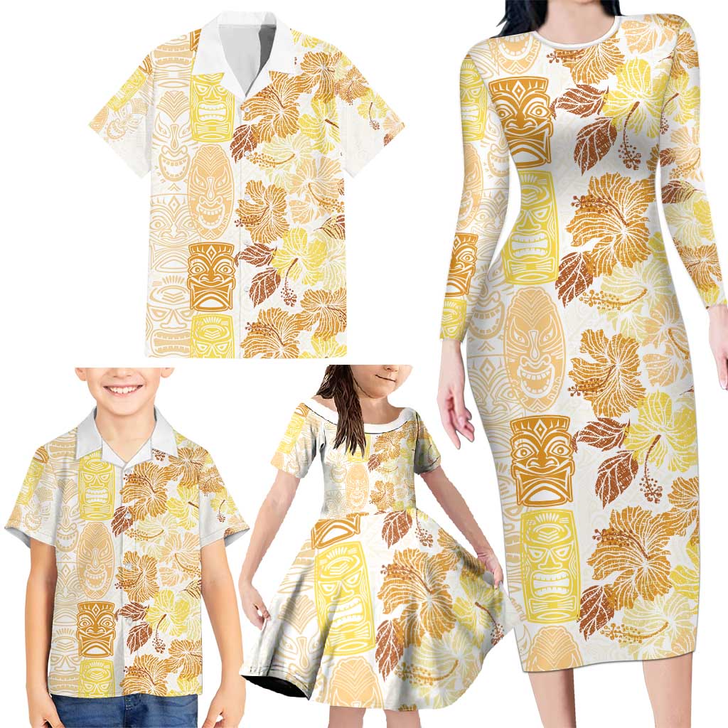 Christmas Aloha Hawaii Tiki Family Matching Long Sleeve Bodycon Dress and Hawaiian Shirt Hibiscus Autumn Colors LT7 - Polynesian Pride