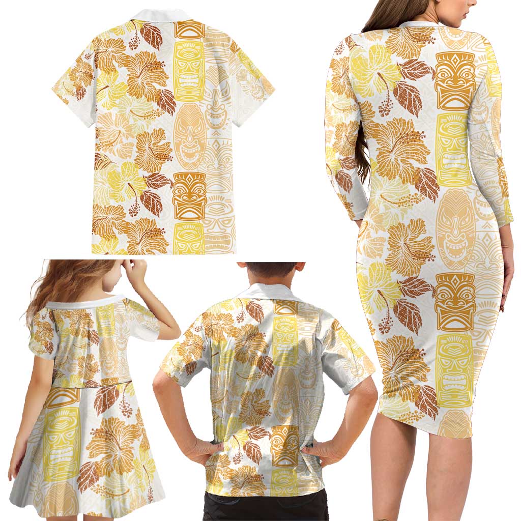Christmas Aloha Hawaii Tiki Family Matching Long Sleeve Bodycon Dress and Hawaiian Shirt Hibiscus Autumn Colors LT7 - Polynesian Pride
