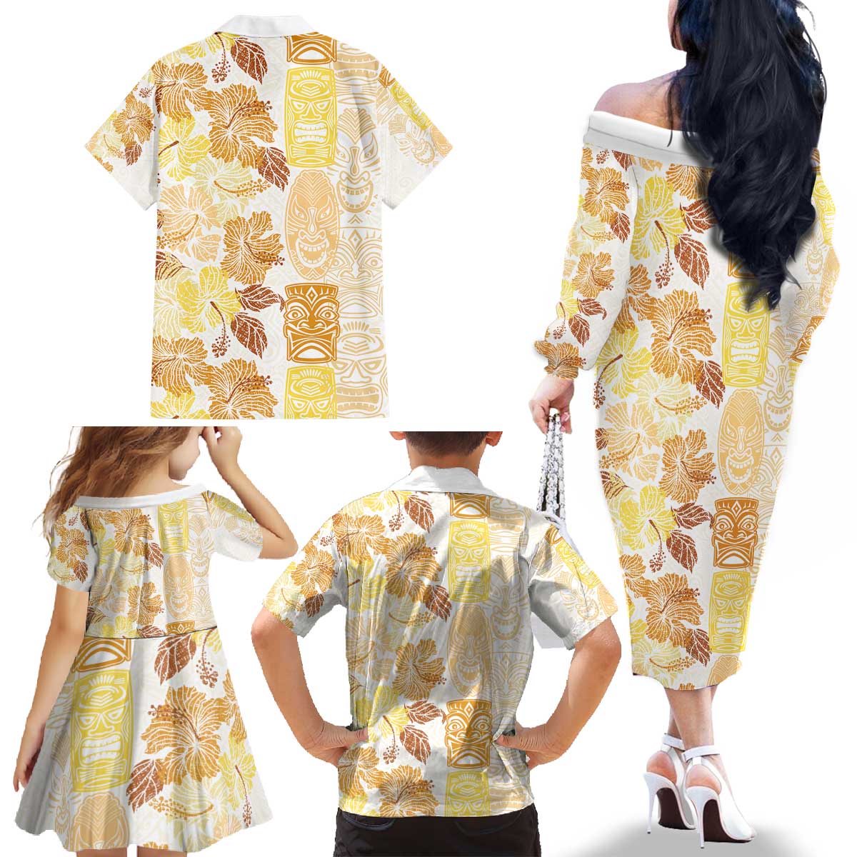 Christmas Aloha Hawaii Tiki Family Matching Off The Shoulder Long Sleeve Dress and Hawaiian Shirt Hibiscus Autumn Colors LT7 - Polynesian Pride