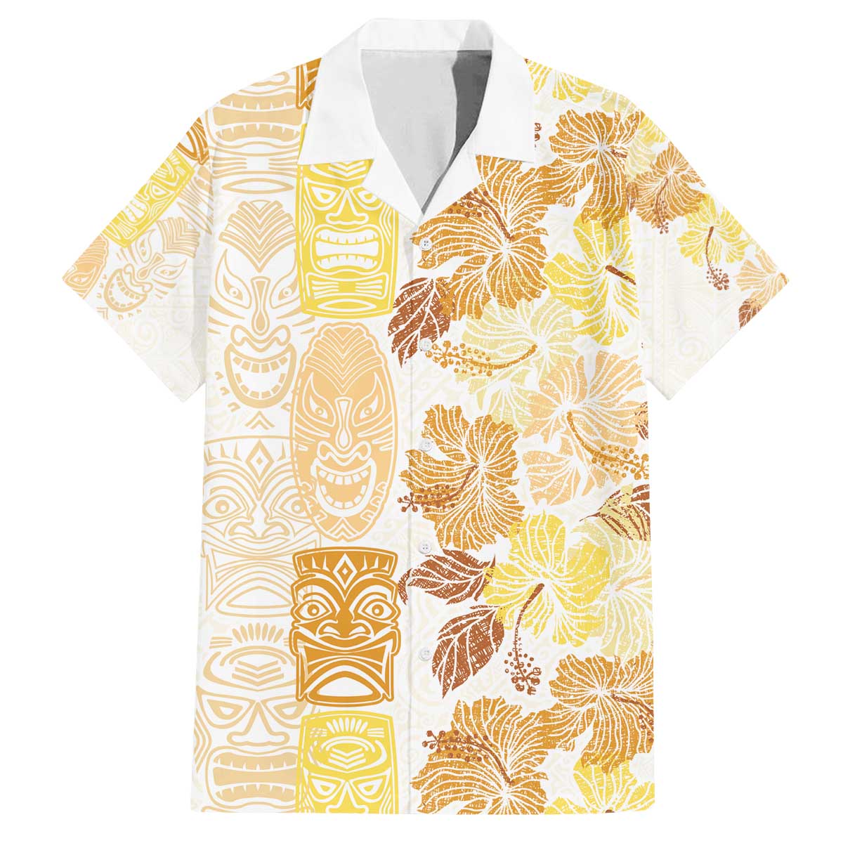 Christmas Aloha Hawaii Tiki Family Matching Off The Shoulder Long Sleeve Dress and Hawaiian Shirt Hibiscus Autumn Colors LT7 Dad's Shirt - Short Sleeve Yellow - Polynesian Pride