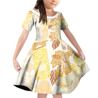 Christmas Aloha Hawaii Tiki Family Matching Off Shoulder Short Dress and Hawaiian Shirt Hibiscus Autumn Colors LT7 Daughter's Dress Yellow - Polynesian Pride