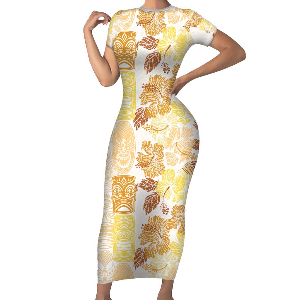 Christmas Aloha Hawaii Tiki Family Matching Short Sleeve Bodycon Dress and Hawaiian Shirt Hibiscus Autumn Colors LT7 Mom's Dress Yellow - Polynesian Pride