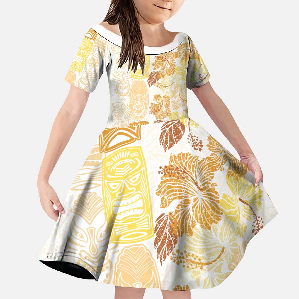 Christmas Aloha Hawaii Tiki Family Matching Summer Maxi Dress and Hawaiian Shirt Hibiscus Autumn Colors LT7 Daughter's Dress Yellow - Polynesian Pride