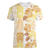 Christmas Aloha Hawaii Tiki Women V-Neck T-Shirt Hibiscus Autumn Colors LT7 Female Yellow - Polynesian Pride