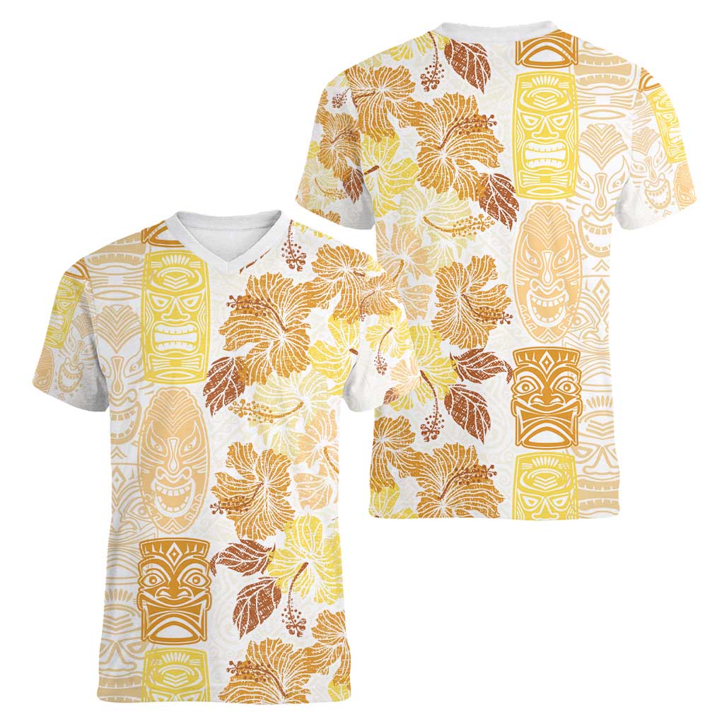 Christmas Aloha Hawaii Tiki Women V-Neck T-Shirt Hibiscus Autumn Colors LT7 - Polynesian Pride