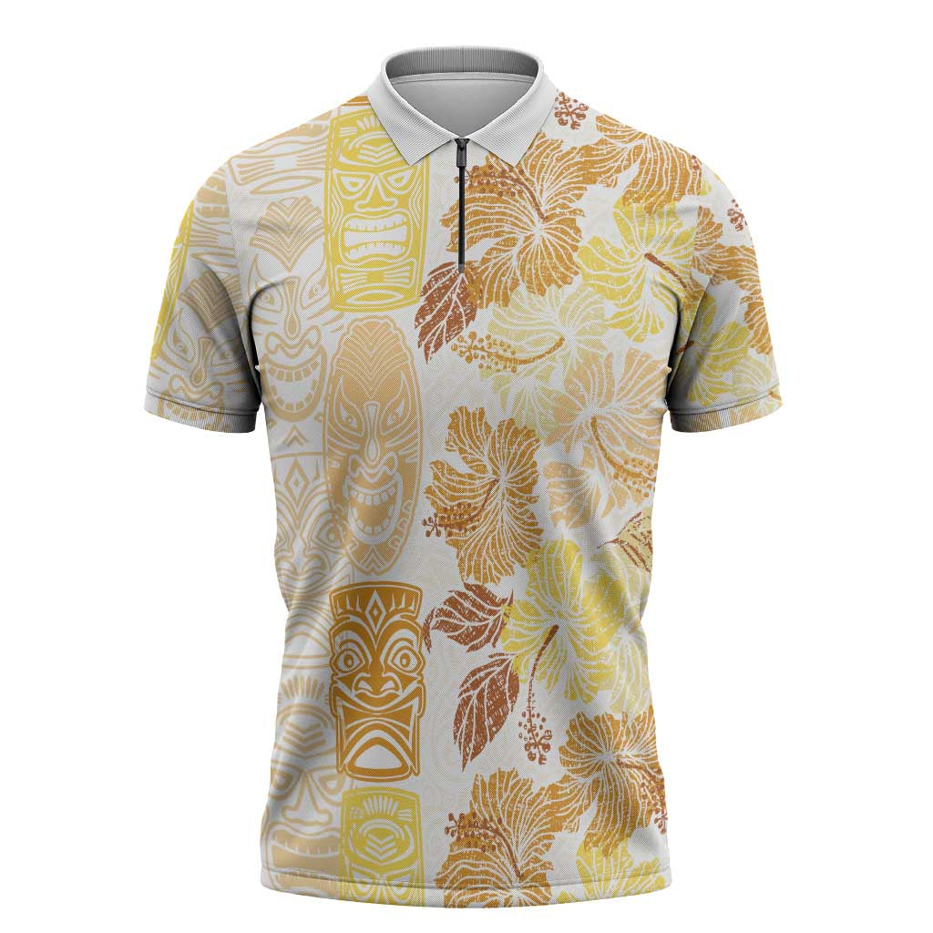 Christmas Aloha Hawaii Tiki Zipper Polo Shirt Hibiscus Autumn Colors LT7 Yellow - Polynesian Pride