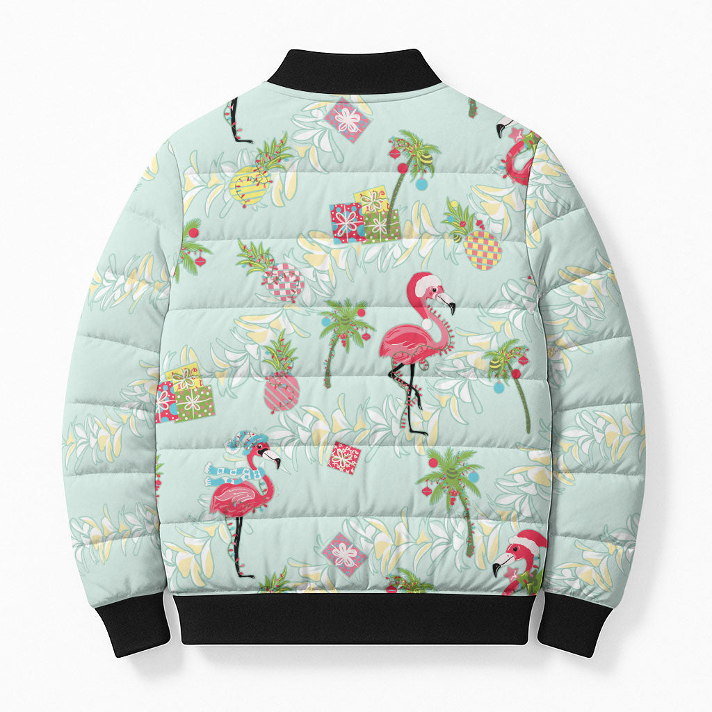 Aloha Hawaii Christmas Seamless Bomber Puffer Jacket Plumeria Lei