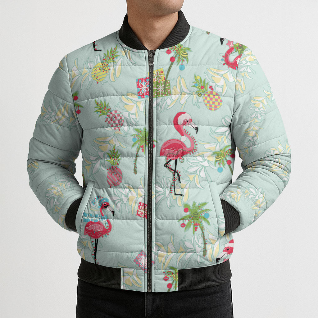 Aloha Hawaii Christmas Seamless Bomber Puffer Jacket Plumeria Lei