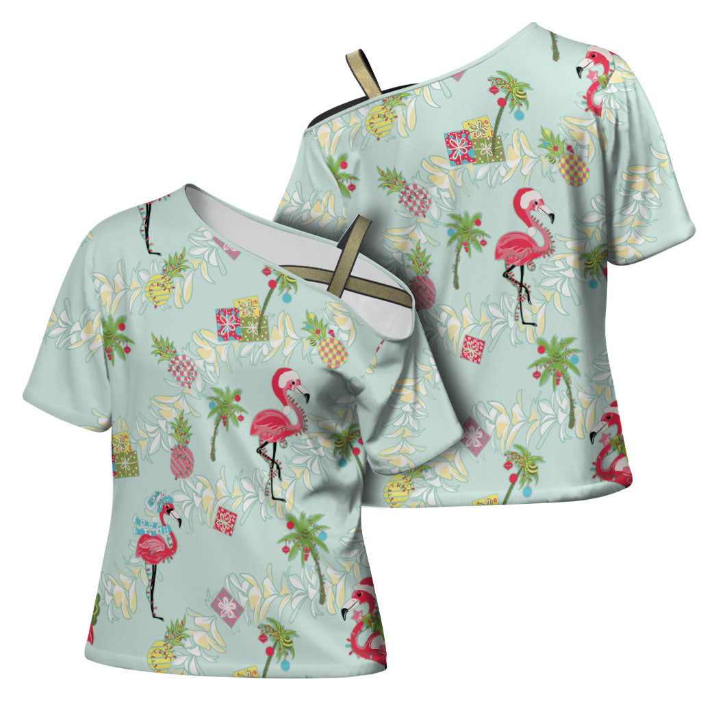 Aloha Hawaii Christmas Seamless Cross Shoulder Shirt Plumeria Lei LT7 - Polynesian Pride