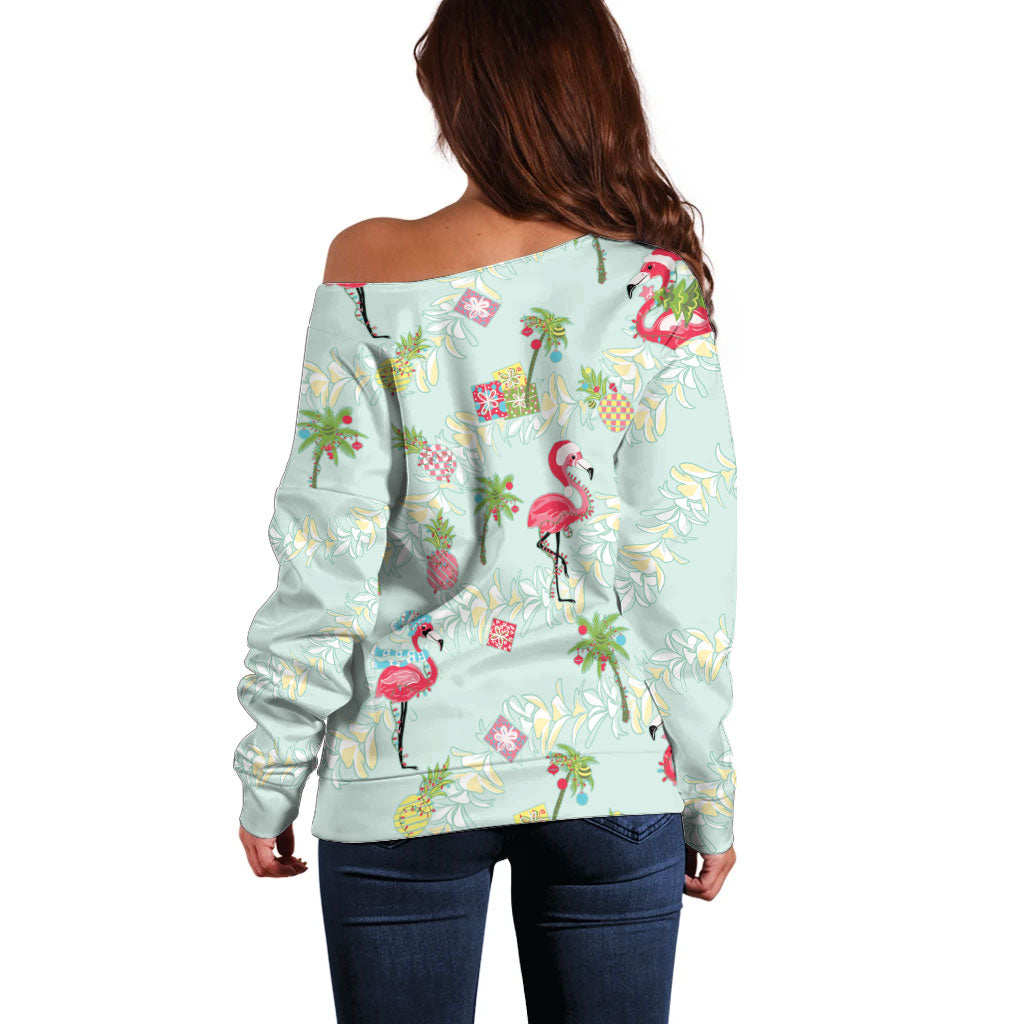 Aloha Hawaii Christmas Seamless Off Shoulder Sweater Plumeria Lei