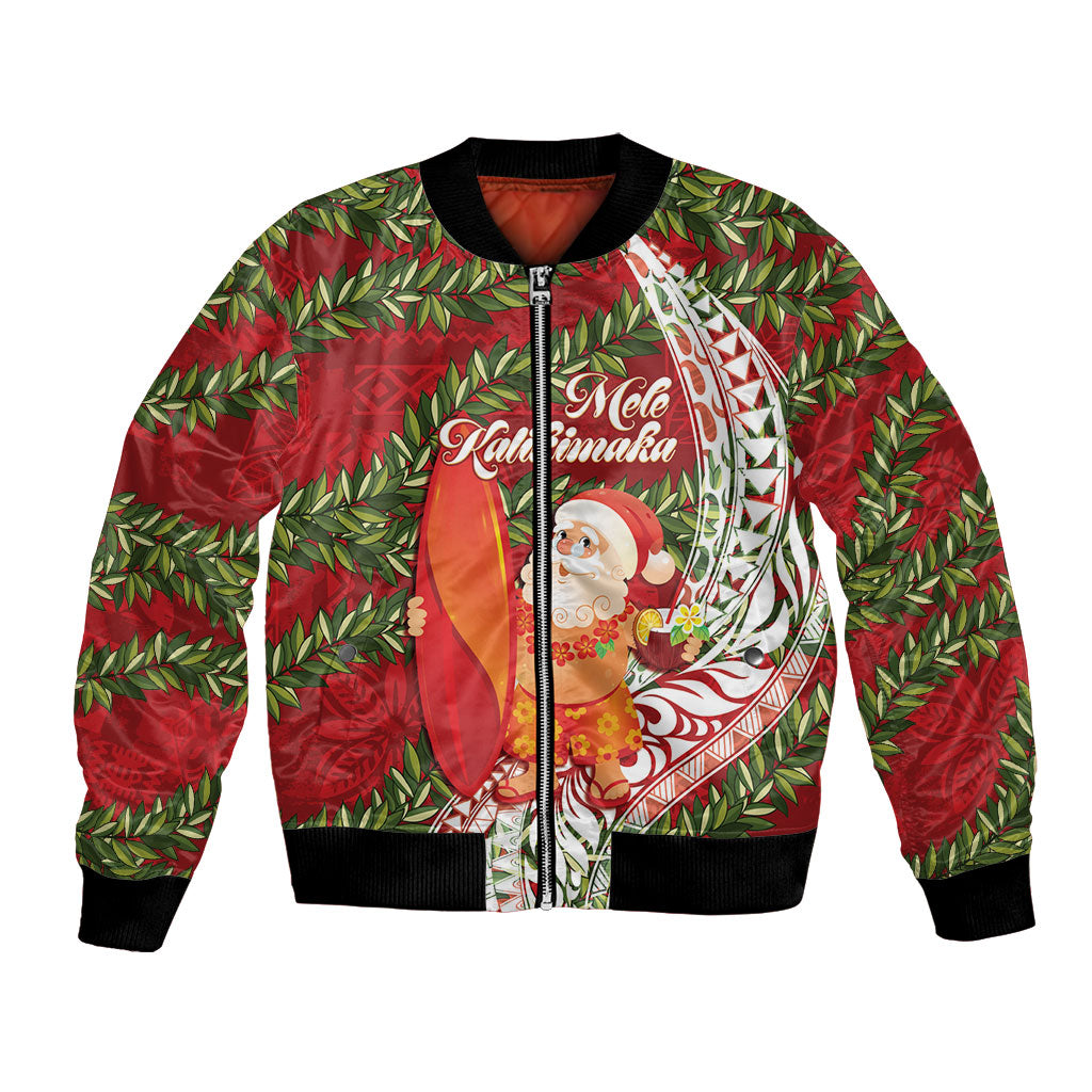 Mele Kalikimaka Hawaii Christmas Maile Lei Bomber Jacket Tropical Santa LT7 Unisex Red - Polynesian Pride