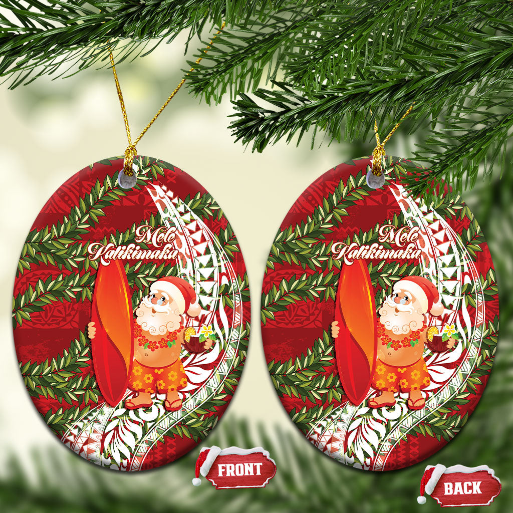 Mele Kalikimaka Hawaii Christmas Maile Lei Ceramic Ornament Tropical Santa LT7 Oval Red - Polynesian Pride