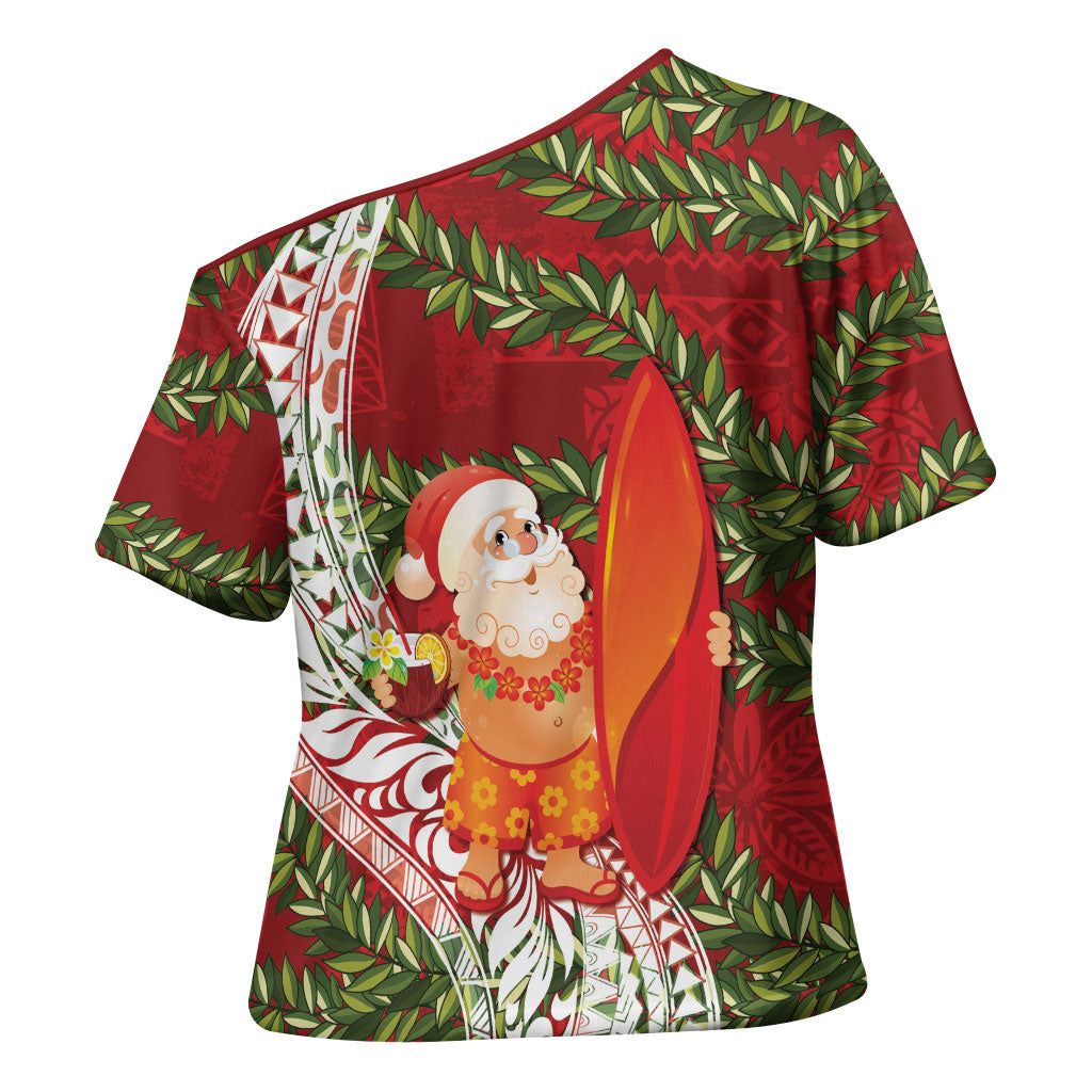 Mele Kalikimaka Hawaii Christmas Maile Lei Cross Shoulder Shirt Tropical Santa LT7 - Polynesian Pride