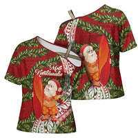 Mele Kalikimaka Hawaii Christmas Maile Lei Cross Shoulder Shirt Tropical Santa LT7 - Polynesian Pride