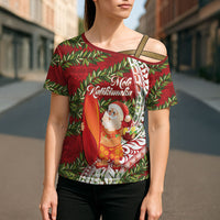 Mele Kalikimaka Hawaii Christmas Maile Lei Cross Shoulder Shirt Tropical Santa LT7 - Polynesian Pride