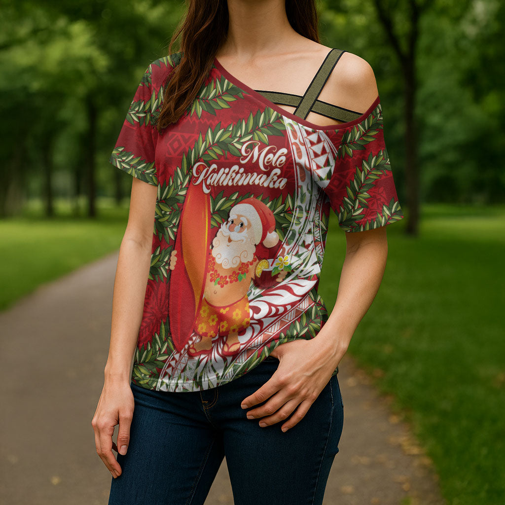Mele Kalikimaka Hawaii Christmas Maile Lei Cross Shoulder Shirt Tropical Santa LT7 - Polynesian Pride