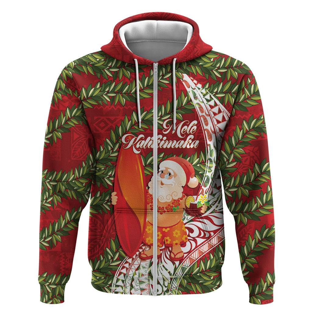 Mele Kalikimaka Hawaii Christmas Maile Lei Hoodie Tropical Santa LT7 Zip Hoodie Red - Polynesian Pride