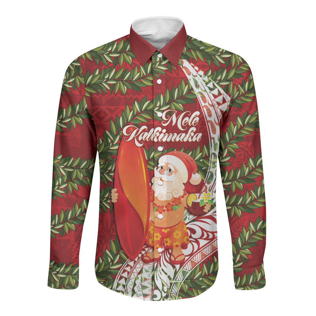 Mele Kalikimaka Hawaii Christmas Maile Lei Long Sleeve Button Shirt Tropical Santa LT7 Unisex Red - Polynesian Pride
