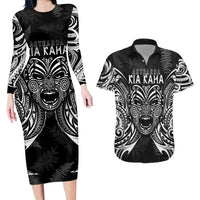 New Zealand Rugby Couples Matching Long Sleeve Bodycon Dress and Hawaiian Shirt 2023 World Cup Aotearoa Haka Face LT7 Black - Polynesian Pride