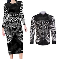New Zealand Rugby Couples Matching Long Sleeve Bodycon Dress and Long Sleeve Button Shirt 2023 World Cup Aotearoa Haka Face LT7 Black - Polynesian Pride