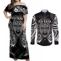 New Zealand Rugby Couples Matching Off Shoulder Maxi Dress and Long Sleeve Button Shirt 2023 World Cup Aotearoa Haka Face LT7 Black - Polynesian Pride