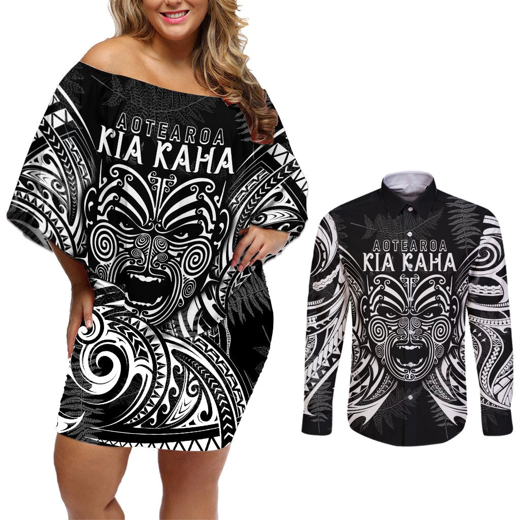 New Zealand Rugby Couples Matching Off Shoulder Short Dress and Long Sleeve Button Shirt 2023 World Cup Aotearoa Haka Face LT7 Black - Polynesian Pride