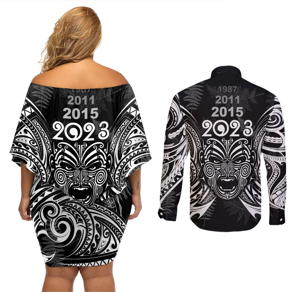 New Zealand Rugby Couples Matching Off Shoulder Short Dress and Long Sleeve Button Shirt 2023 World Cup Aotearoa Haka Face LT7 - Polynesian Pride